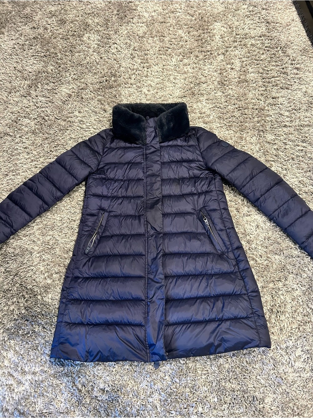SAVE THE DUCK Navy Quilted Long Puffer with Faux Fur Collar